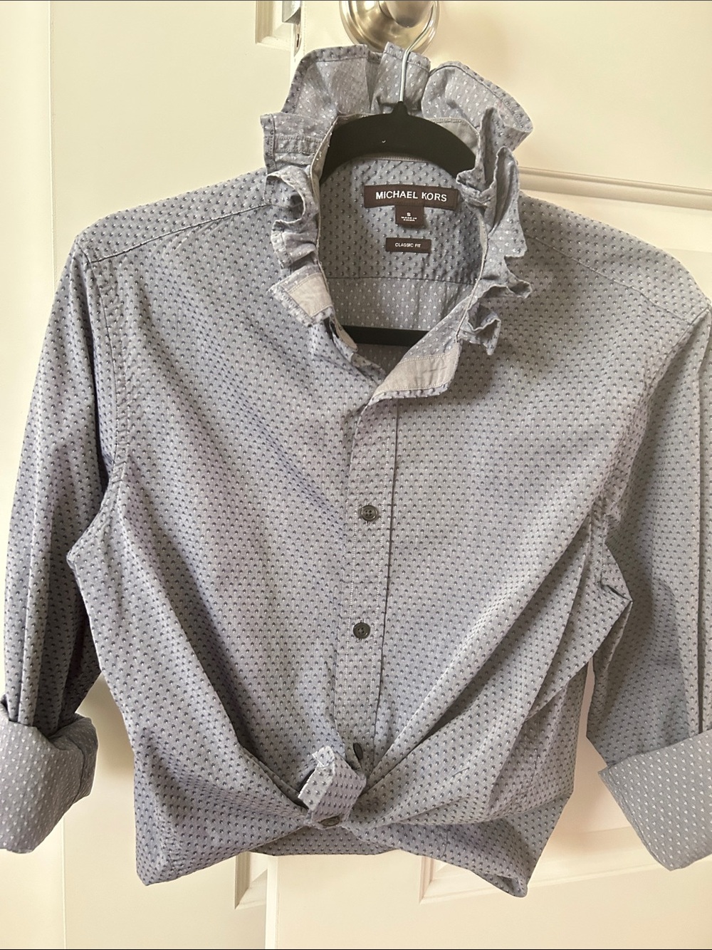 One of a kind Woman’s Michael Kors Light Blue Ruffle Collar Button-Down